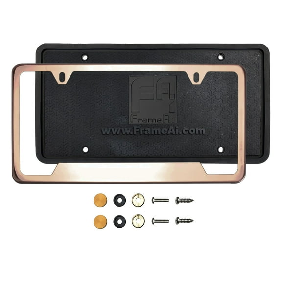 KA Depot Silicone Back Guard Bottom Cut Out License Plate Holder Rose Gold Chrome Polish Mirror License Plate Frame T304 Stainless Steel   Metal Screw Caps