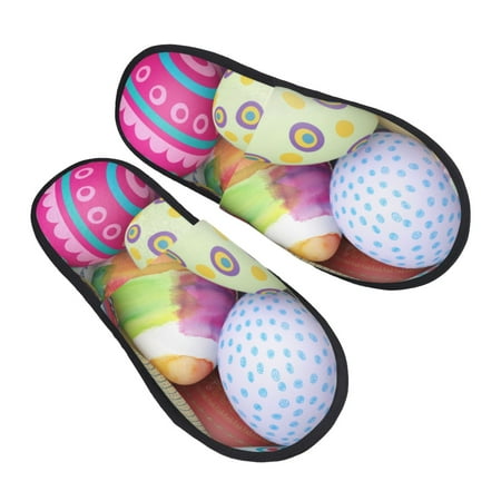 

Balery Colorful Easter Eggs Slient Indoor Furry Fleece Comfort House Shoes Soft Non-Slip Home Shoes Cotton Slippers House Slippers-- Large