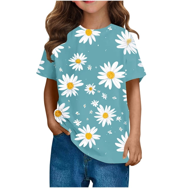 Zpanxa T-Shirts pour Filles Imprimé Ciel Étoilé Col Rond Manches Courtes Décontracté Polyester Spandex Topxx 3-4 Ans