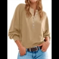thumbnail image 3 of Suéter de Cuello Redondo con Botones para Mujer, Camisetas Henley de Larga de Otoño, Tops de Punto Holgados A Caqui XL, 3 of 8
