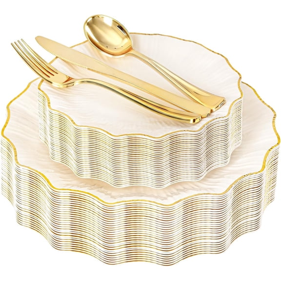 150-Piece Ivory and Gold Plastic Plates and Cutlery Set with Gold Rim, Round Dinner and Dessert Plates, Disposable Flatware for 30 Guests, Hand Wash Only