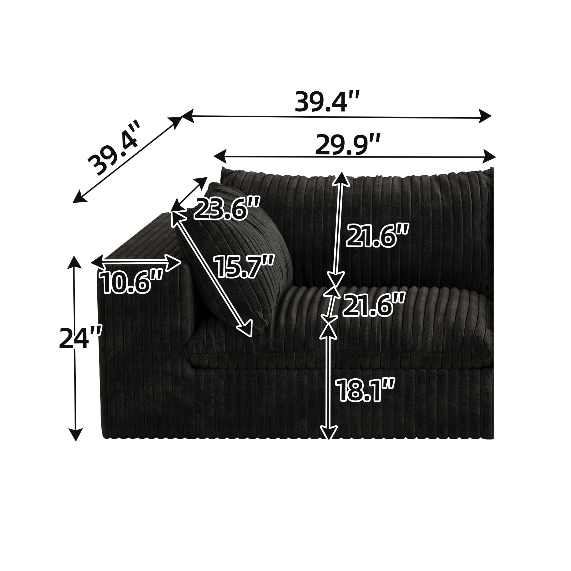 MAYEERTY Cloud Sofa Black Corduroy Deep Seat Double-Layer Removable Cushion No Assembly Multi-Rooms