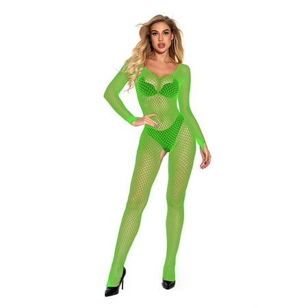 FUNUONY Big Sale! Women s One Piece Fish*Net Ling*erie Bodysuit Mesh Bodystocking Tights Nightwear Jumpsuit Underwear Women Sleepwear Nightwear Underwear Bodysuit Sleepwear Green One Size
