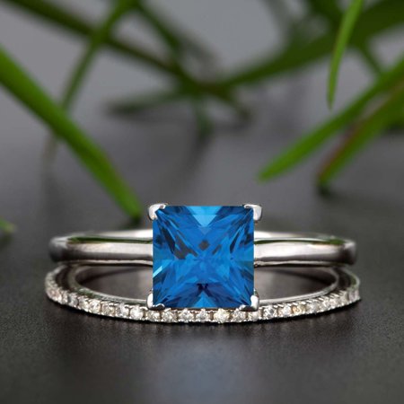 Princess Blue Sapphire Diamond - Stunning 1.25 Carat Princess Cut Blue Sapphire and Diamond Bridal Ring Set in White Gold