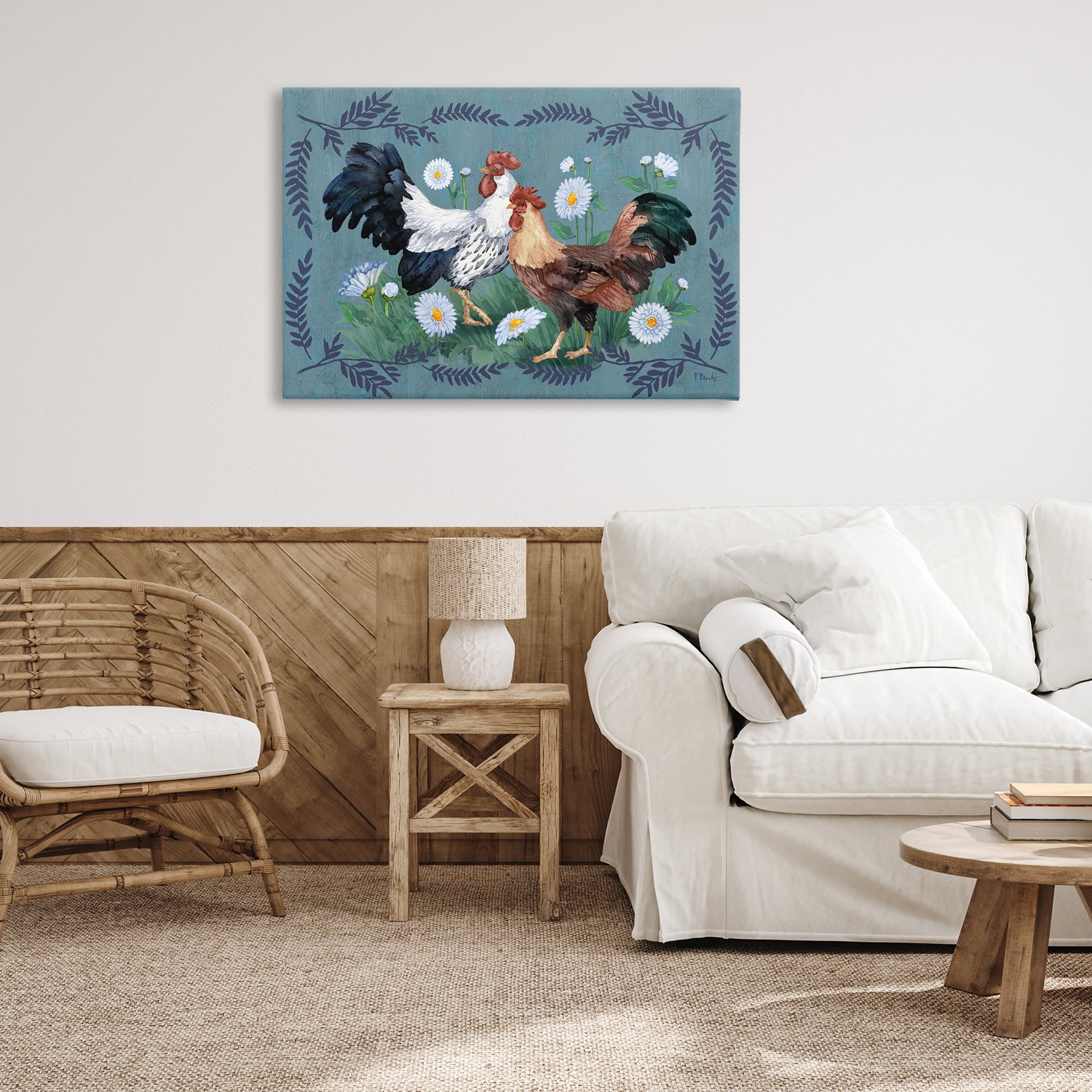 Stupell Industries Roosters with Fern Trim Animals & Insects Painting Gallery Wrapped Canvas Art Print Wall Art, 36 x 24
