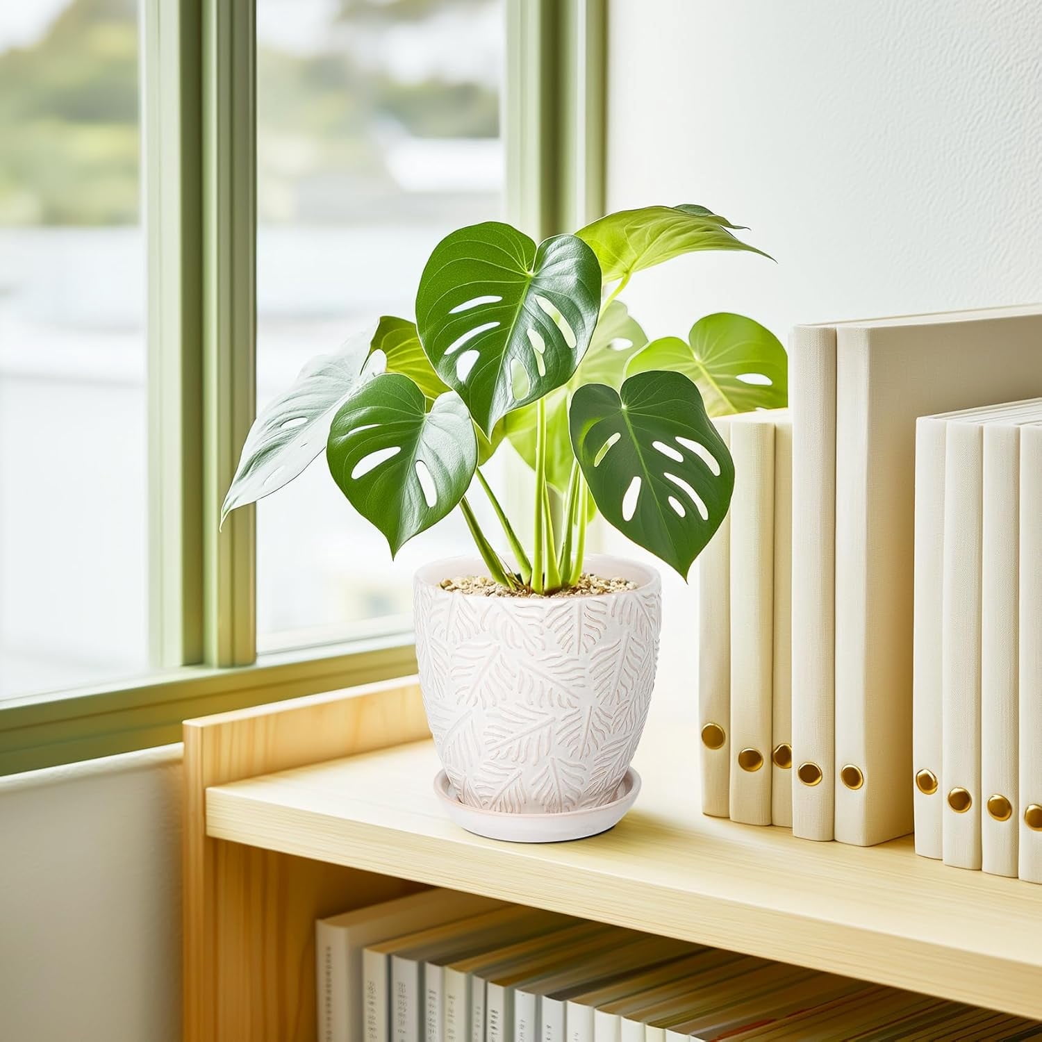 BUYMAX ceramic plant pots, 6 inch plant pots with drainage hole and saucer, indoor/outdoor flower pots, set of 2, leaf embossed - white glaze