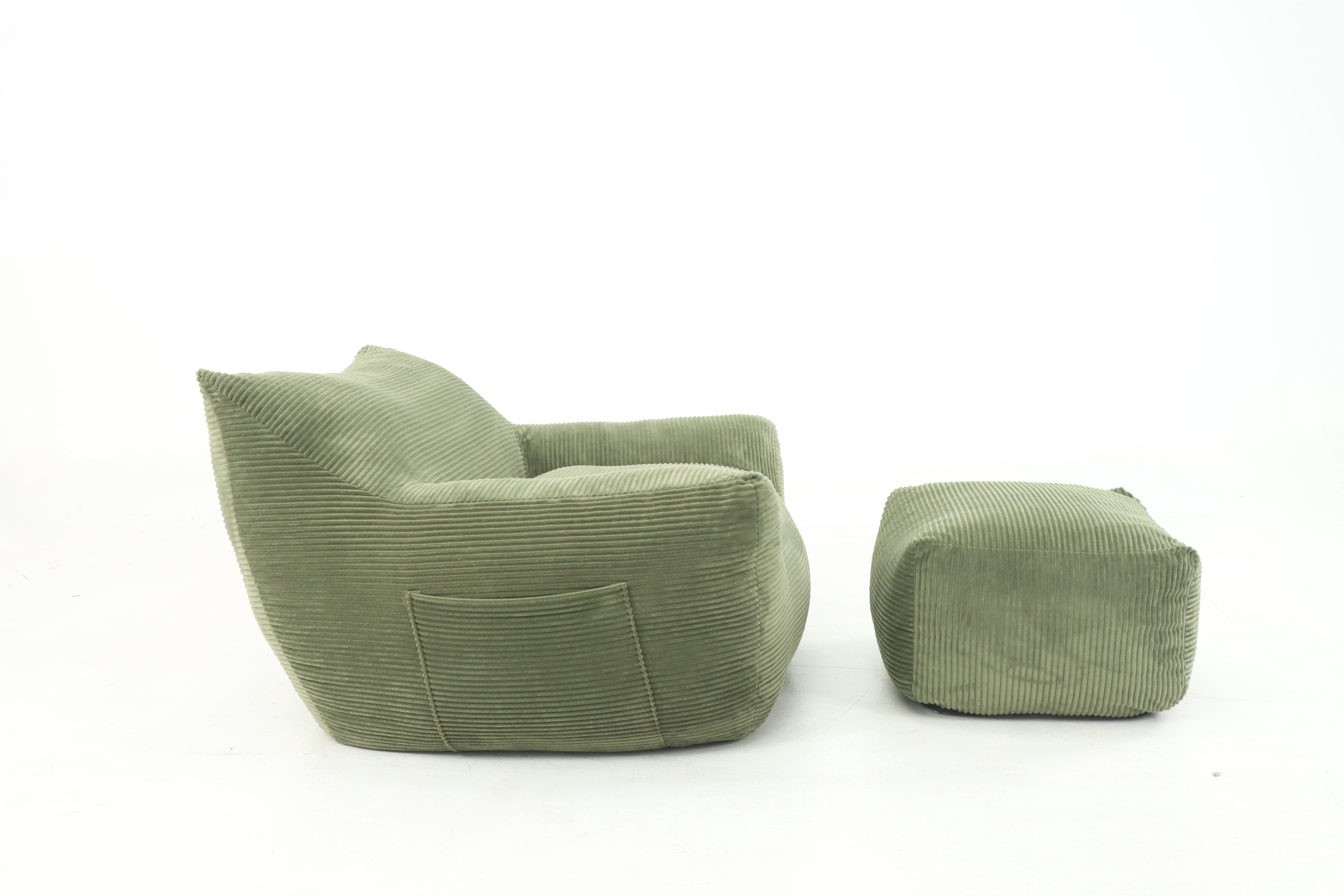 Bean Bag Chair, Oversized Beanbag, Lazy Sofa Chair with Corduroy Fabric and High-Resilience Shredded Foam, Includes Ottoman for Living Room, Bedroom, Dorm, 42 Inch Wide, Green