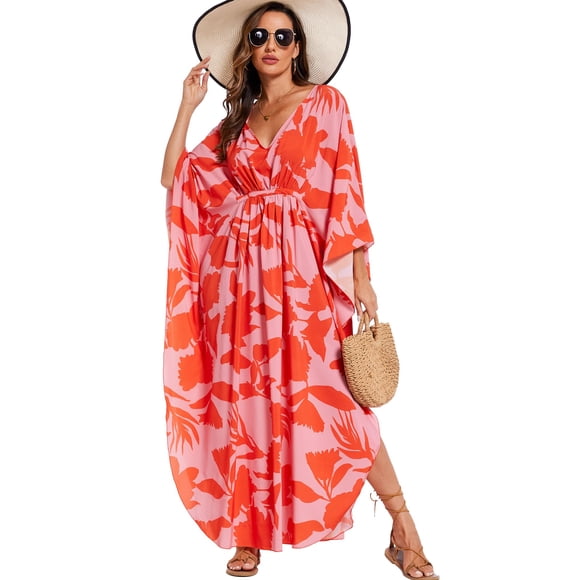 Vestido kaftán maxi Moss Rose con cuello en V y mangas murciélago 130 cm