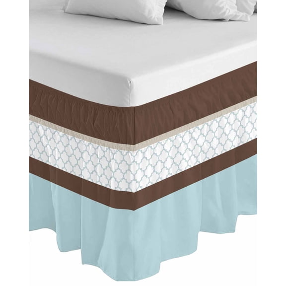 Blue Brown Morocco Wrap Around Bed Skirts for Queen Bed 18" Drop,Bed Skirt with Adjustable Elastic Belt Dust Ruffle Bed Valance for Bedroom Hotel Geometric Stripes Aqua Stitching Bed Frame Cover