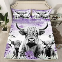 Erosebridal Highland Cow Print Fitted Sheet Twin,Purple Western Farmhouse Bedding Set Rustic Home Decor,Longhorn Cattle Farm Animal Bed Sheets Grunge Daisy Flower Bed Set Cowboys