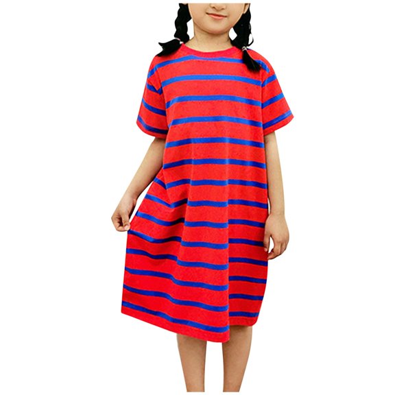 Annhoo Children's Casual Dresses Summer Girls Cotton Striped Crew Neck Short Sleeve Loose Comfy Dress 5-13 Years