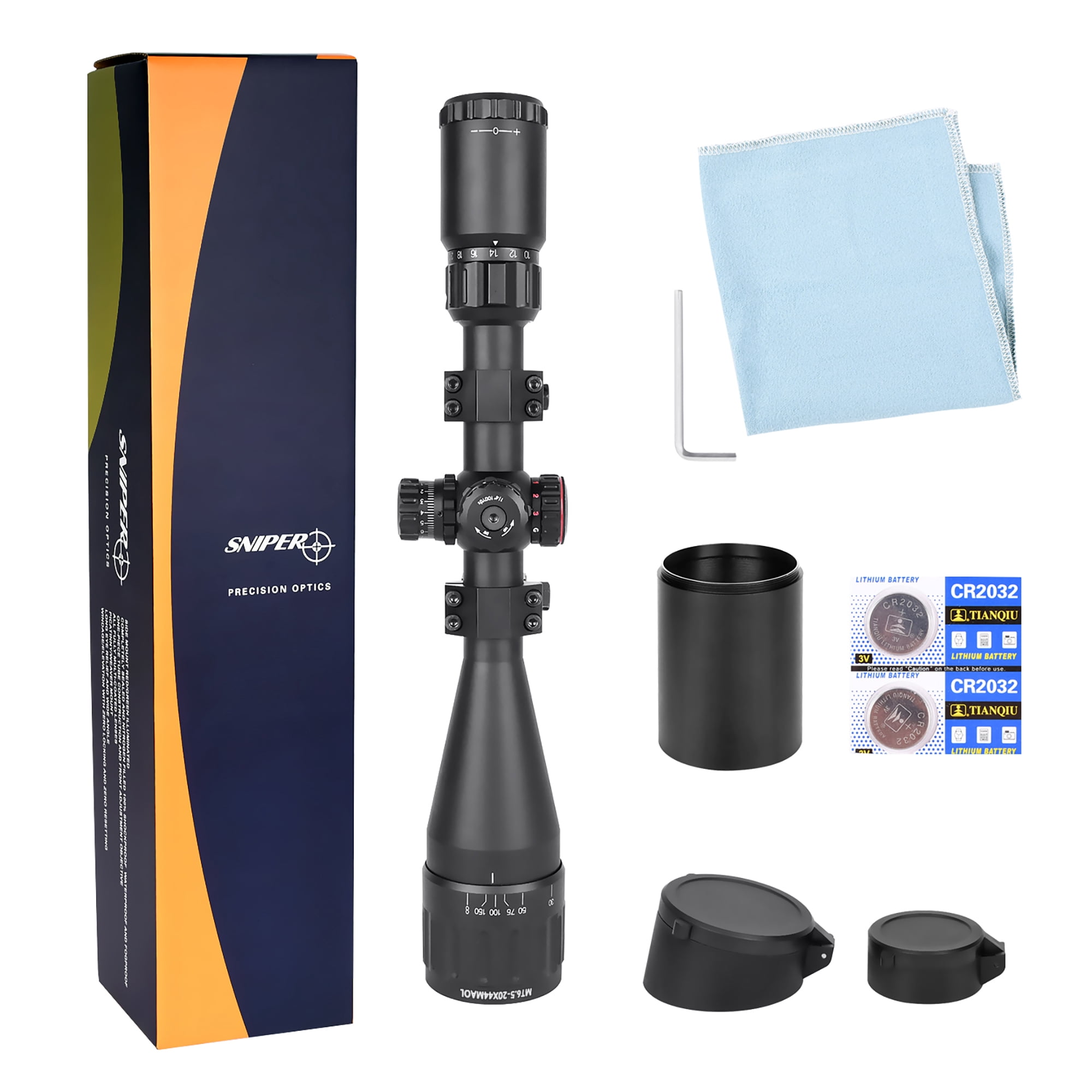 MT 6.5-20x44 with Lock Zero and Adjustment W/e and W Front Aol. Red/green/blue Illumination Mil-dot Reticle. Comes with Extended Sunshade and Heavy Duty Ring Mount and Lens Cover