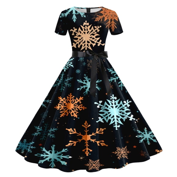 TJAZFJPA Winter Dresses for Women Women Christmas Print Short Sleeve 1950S Housewife Evening Party Prom Dress Latex Dress for Women Sexy Leather Dresses for Women