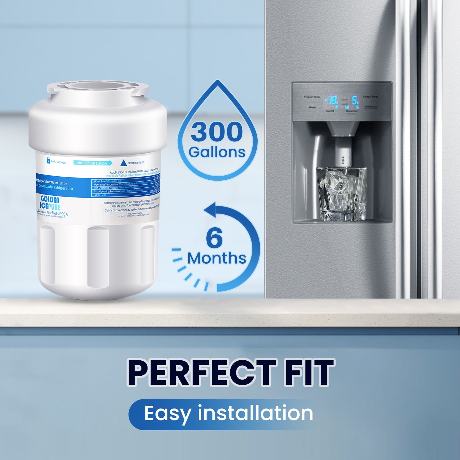 GOLDEN ICEPURE MWF Refrigerator Water Filter Replacement for GE SmartWater MWFA, 2PACK, GWF, GWFA, RWF0600A, FMG-1, WFC1201, GSE25GSHECSS, PC75009, 197D6321P006, Kenmore 9991, PC83879,3PACK