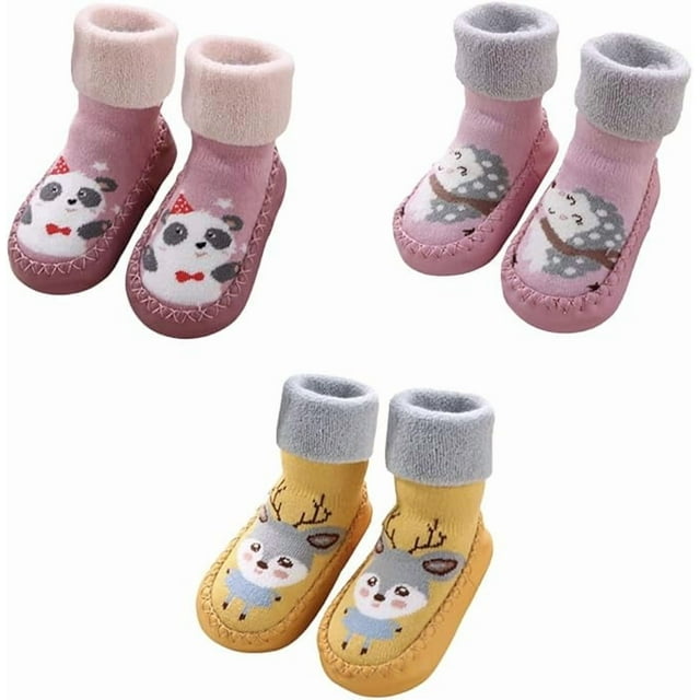 Pack de 3 calcetines para bebé, zapatillas antideslizantes con forro, zapatos de cabaña para primeros pasos de invierno