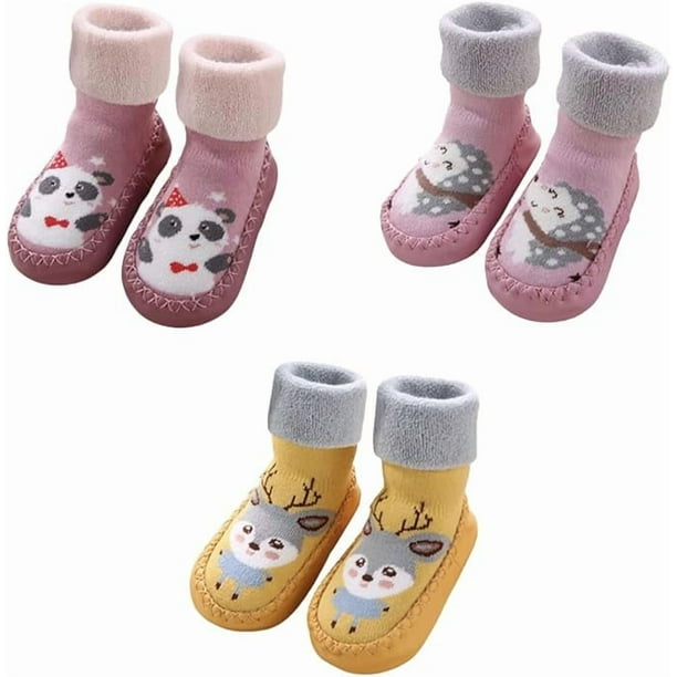 Pack de 3 calcetines para bebé, zapatillas antideslizantes con forro, zapatos de cabaña para primeros pasos de invierno