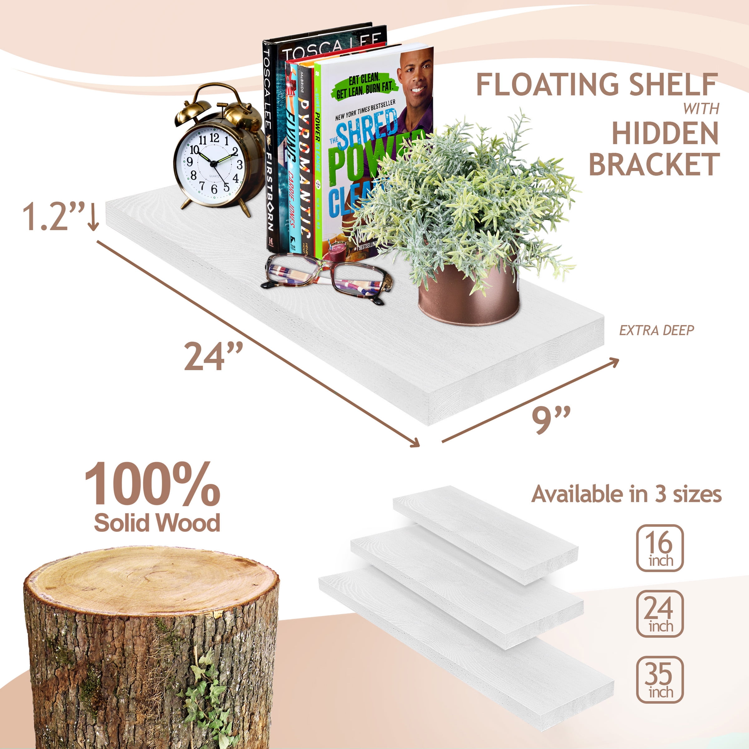 Sorbus Wood Floating Shelves for Wall - 24” Solid Wood Wall Shelves for Bathroom Decor, Books, Bedroom & Living Room - Set of 2 Wall Mounted Kitchen Shelves - Durable 100% Premium Solid Pine
