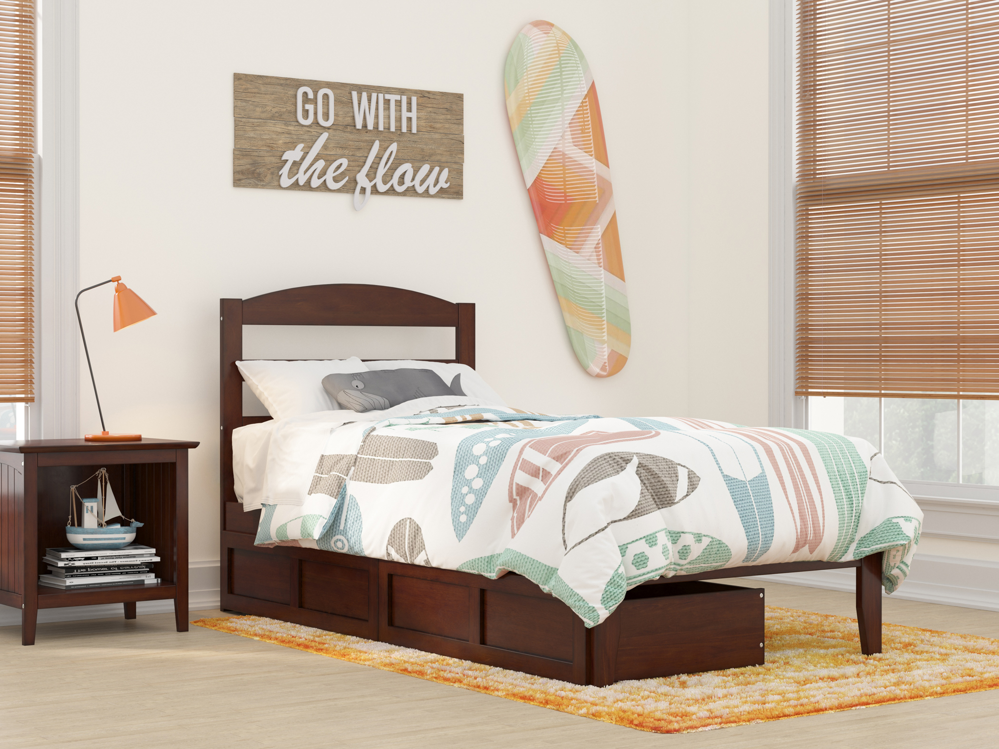 AFI Warren 14" Twin Wood Platform Bed Frame with Set of 2 Storage Drawers, Walnut