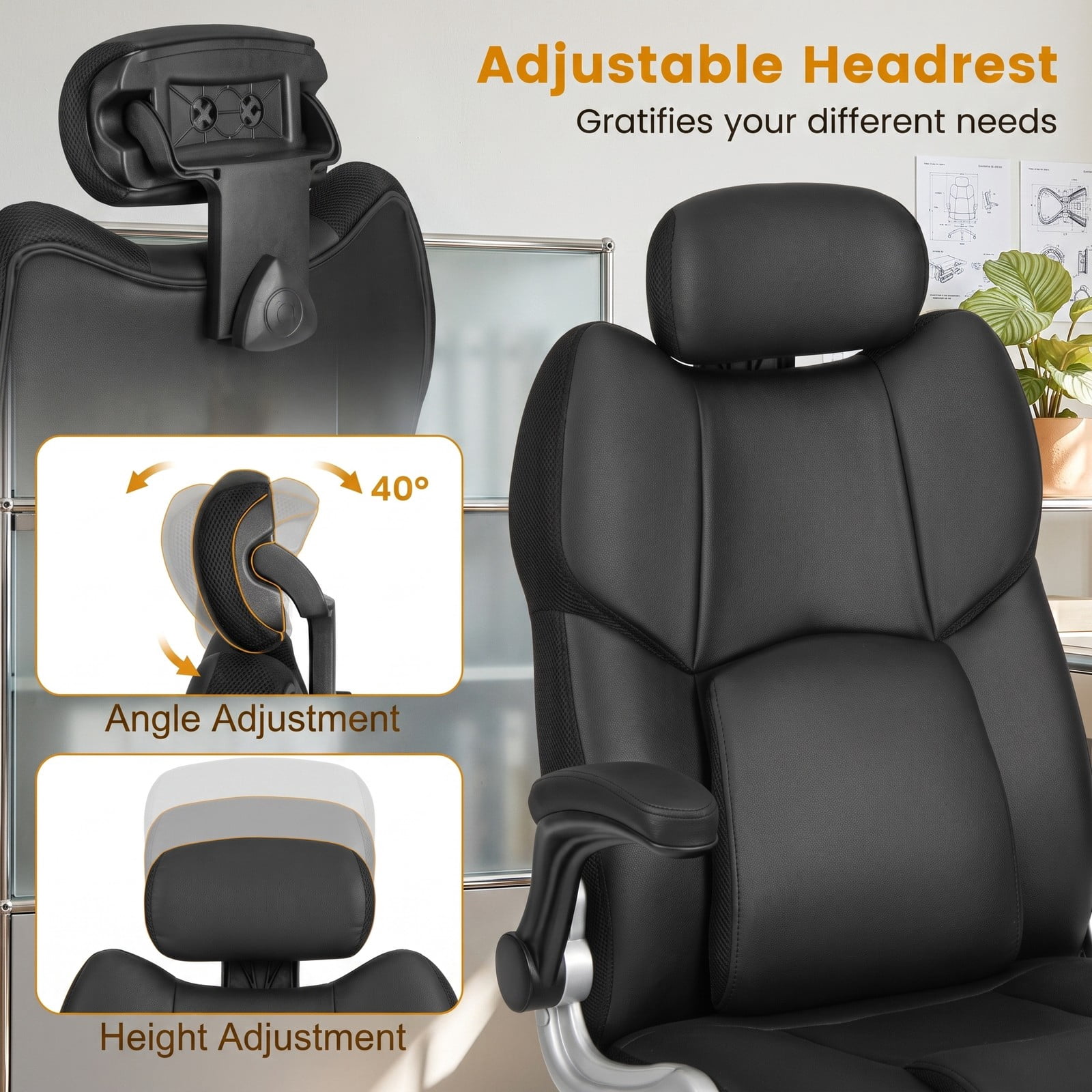 Furnibear Kneading Massage Office Chair, Ergonomic High Back Executive Desk Chair with Adjustable Headrest, Lumbar Support, Rocking, 360 Swivel Leather Computer, Black