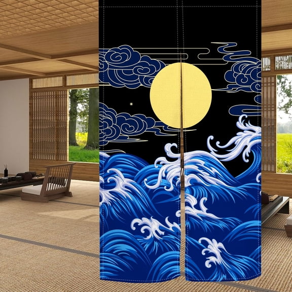 Noren Japanese Doorway Curtain Fengshui Window Treatment Door Curtains Tapestry (Navy Blue Waves,33.5 x 59 inch)