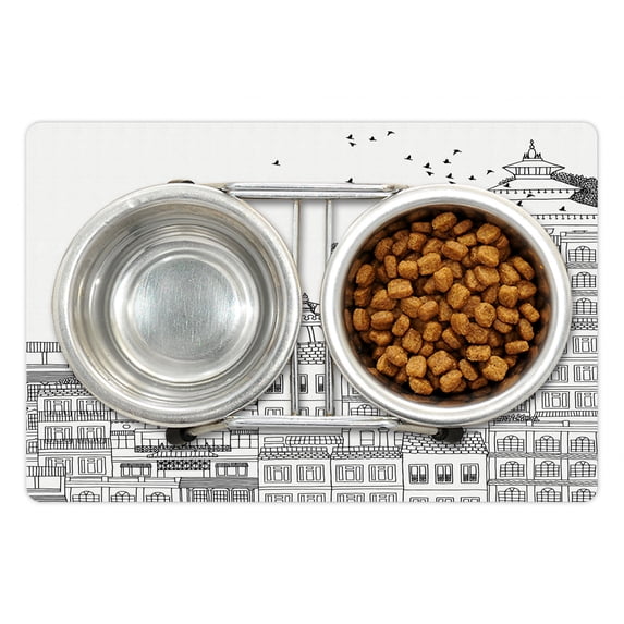 Nepal Pet Mat for Food and Water, Hand Drawn Monochrome Scene from Kathmandu Urban Life Illustration Buildings, Non-Slip Rubber Mat for Dogs and Cats, 18" X 12", by Ambesonne