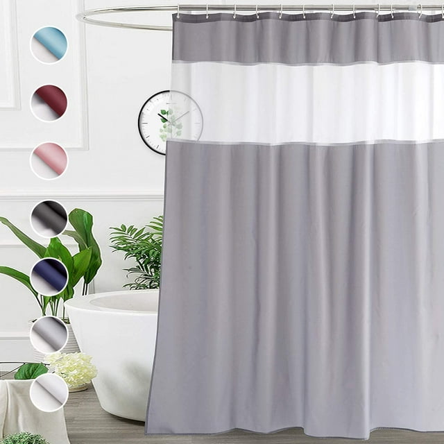 Gray Shower Curtain 72x75 Inches, Fabric Bathroom Curtain with Mesh Window Design, Weighted Bottom Hem, Water Repellent, Machine Washable
