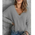 thumbnail image 2 of Women V Neck Long Sleeve Knit Sweater Fashionable Autumn Winter Off Shoulder Women Casual Loose Pullover Sweater Grey XL, 2 of 6