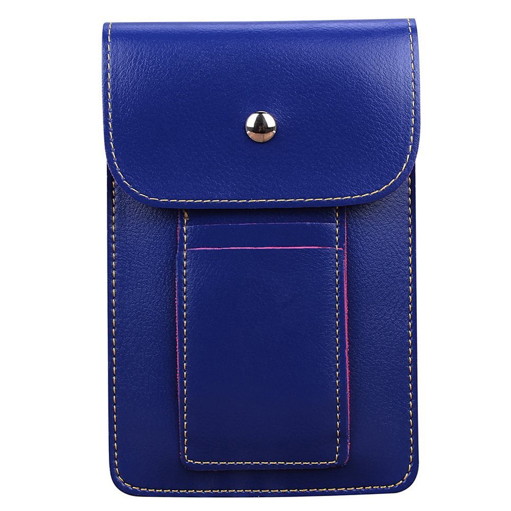 BUNDLE: Vegan Leather Vertical Crossbody Smartphone Pouch Wallet (Blue) & Deluxe Stereo Hands-Free Headset (Blue) - for Smartphones up to 6.5-inch, Shoulder Strap, Headphones w/ Microphone