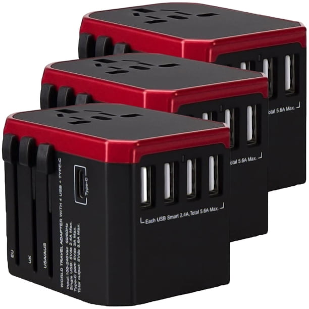 Adaptadores Universales de Viaje TravelXpertRed 3Pzas 100-240V 50-60Hz 5V 5.6A EU/UK/USA/ AUS Negro/Rojo.