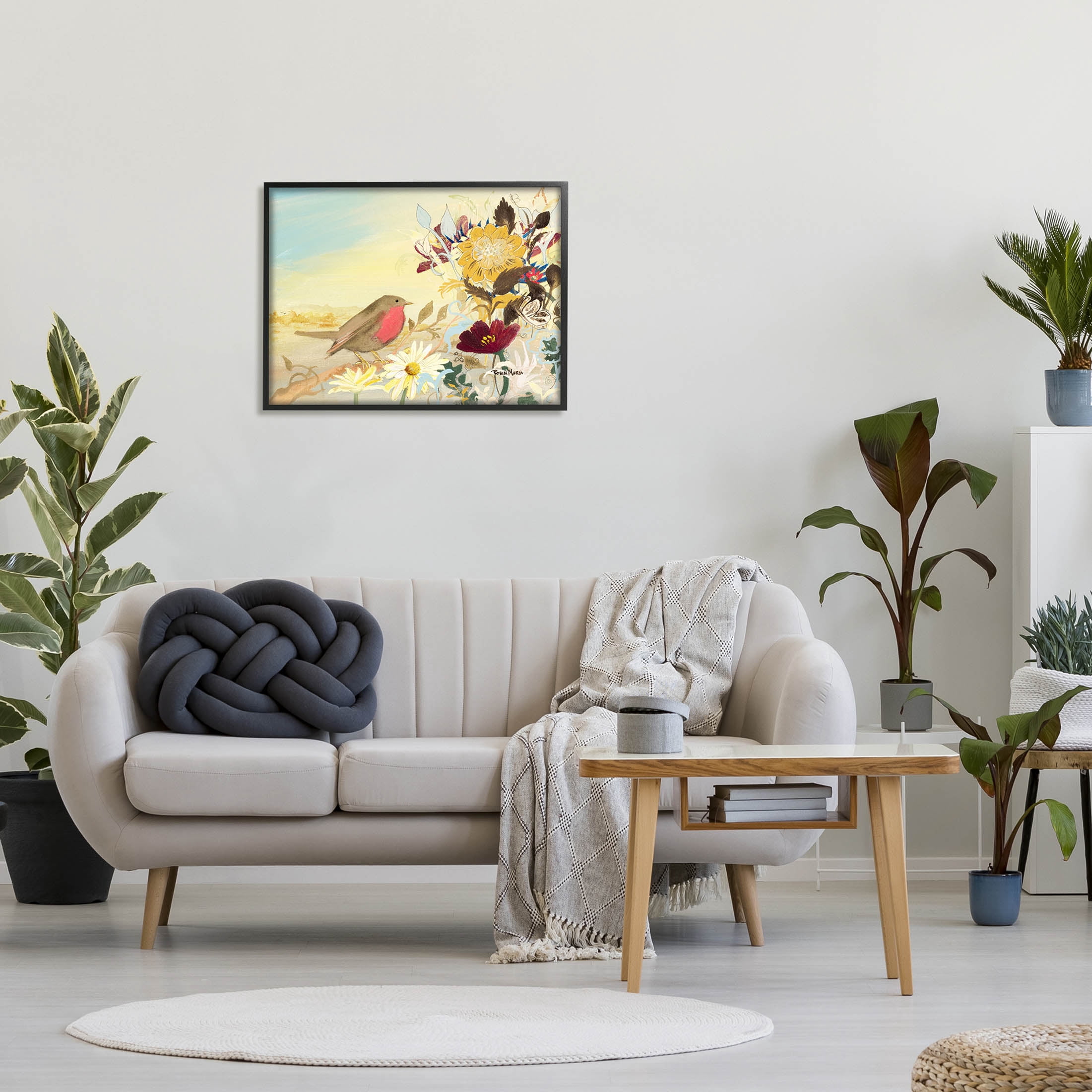 Stupell Industries Mixed Floral Bird Arrangement Painting Black Framed Art Print Wall Art, Design by Robin Maria