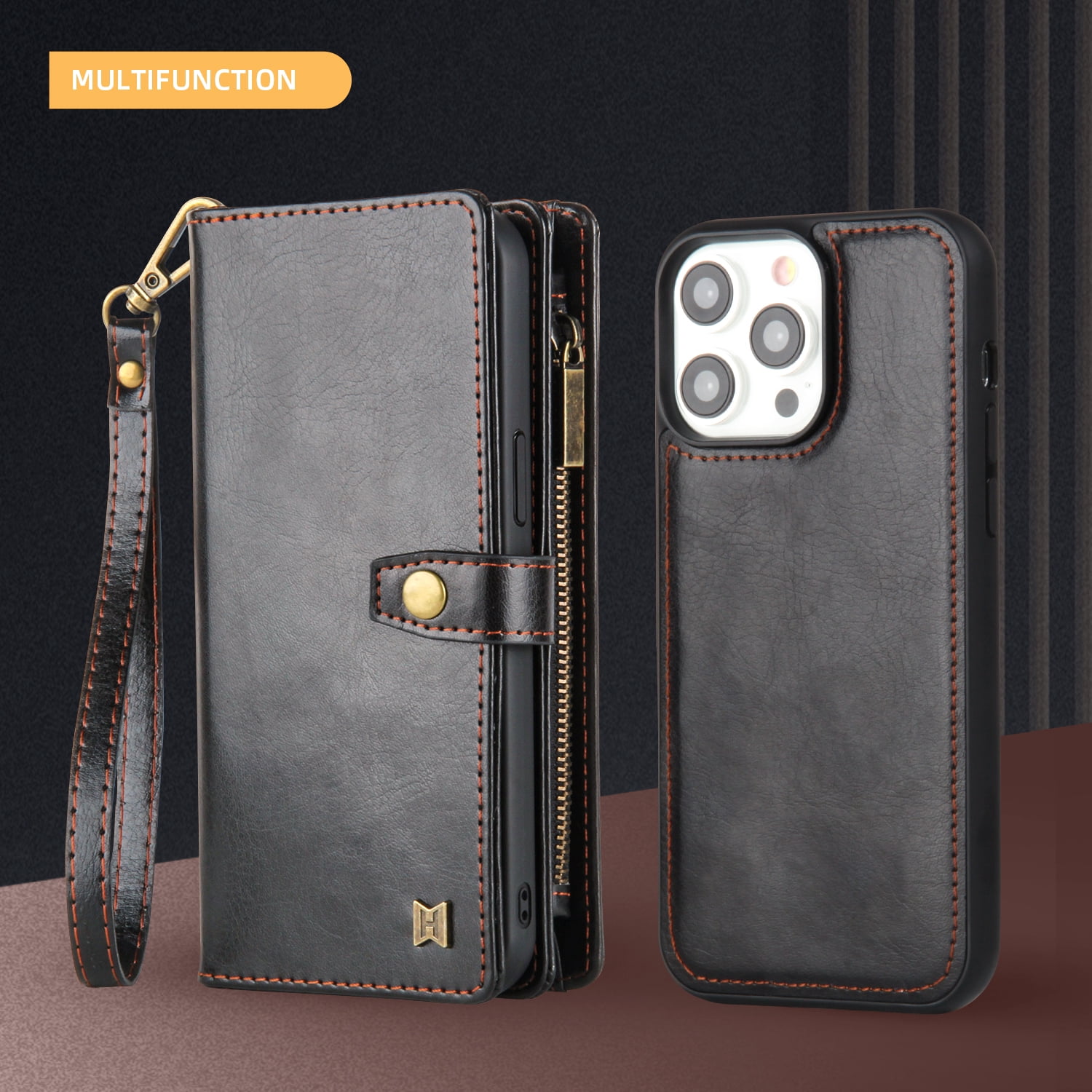 2 In 1 Wallet Phone Case for Apple iPhone 13 Pro Max, Detachable Magnetic Back Cover with Cards Holder Zipper Pocket Hand Wrist RFID Blocking Snap Closure Shockproof Case for iPhone 13 Pro Max, Black