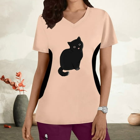 

wo-fusoul Summer Savings Clearance! Womens Scrubs Tops Short-Sleeve Cute Cartoon Graphics Nurse Uniform Crew Neck Working Uniform Patchwork Color T-Shirts Casual Blounce w/Pockets