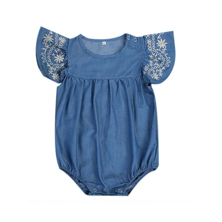 

Wayren USA Newborn Baby Girl Ruffled Short Sleeve Embroidery Bodysuit Romper Jumpsuit Denim Jean Outfits Clothes 0-24 Months Blue