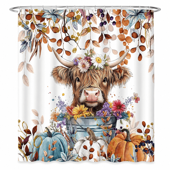 Fall Highland Cow Pumpkin Shower Curtain, Autumn Maple Leaves Floral Harvest Thanksgiving Bath Curtain for Bathroom Decor Washable Fabric Cloth Waterproof with 12 Hooks, 72x72 Inch