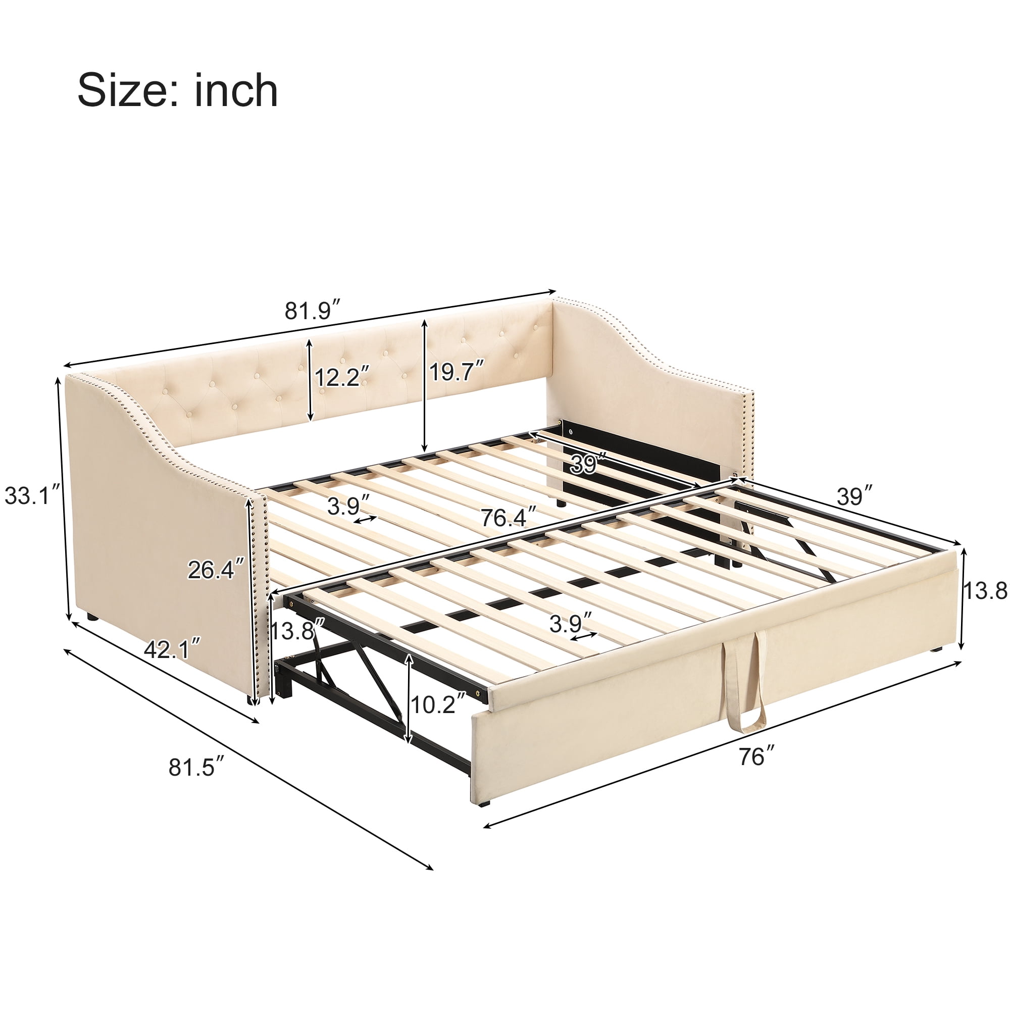 Aukfa Twin Daybed with Pop-Up Trundle, Velvet Upholstered Bed Frame with Button Tufted Back and Nailhead Trim, Space Saving Guest Bed for Kids Room/Living Room, Beige