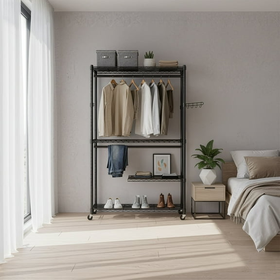 LEDREM Heavy-Duty Rolling Clothes Rack , 43.3-Inch Wide Garment Rack/Portable Closet with Adjustable Mesh Shelves , Hanging Rails & Hooks , Tool-Free Assembly for Home Closet Storage , Ink Black