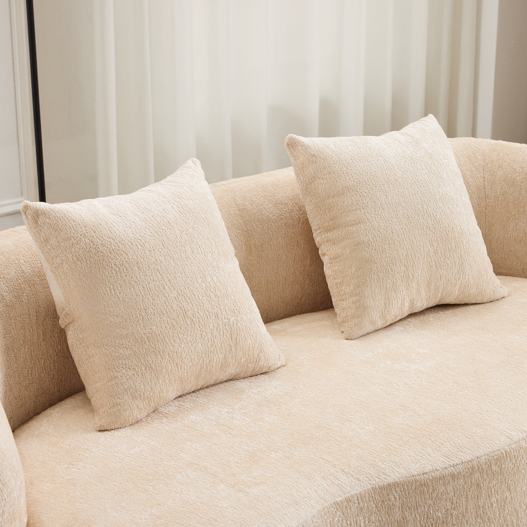 Beige Curved Loveseat Sofa with Round Armrest, Teddy Velvet Fabric Compression Couch with 2 Pillows, Cream Couch for Small Space, Living Room, Bedroom, No Assembly