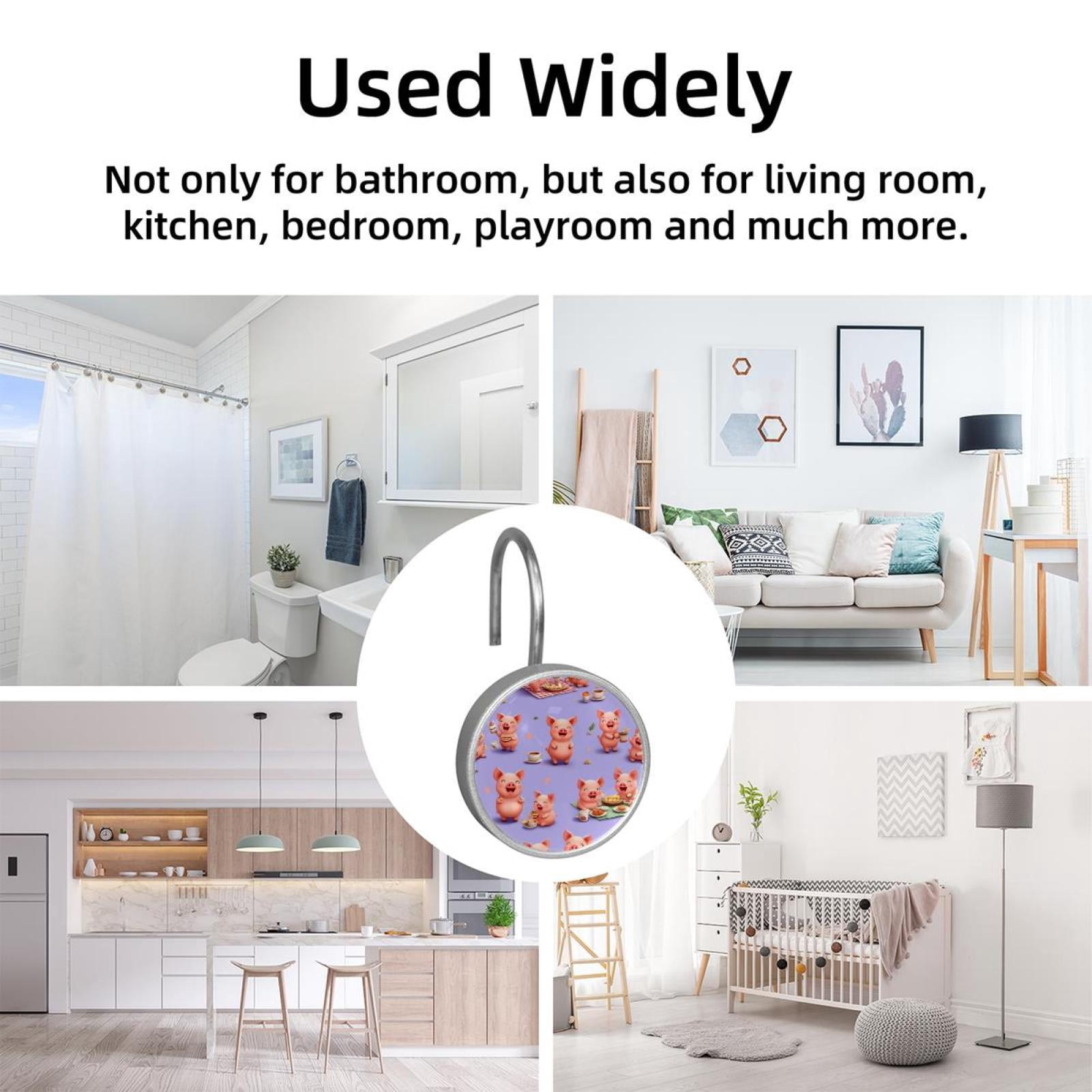 12pcs Decorative Shower Curtain Hooks, Rust Resistant Shower Rings for Bathroom Living Room,Rustproof Stainless Steel Rings for Shower Curtain and Liner Rods,Happy Pigs Picnic