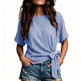 thumbnail image 3 of ClodeEU Women's Plaid Round Neck Short Sleeve Blouse,Casual Summer Wrap Tie Waist Top Blue,Women's Plus XL, 3 of 6