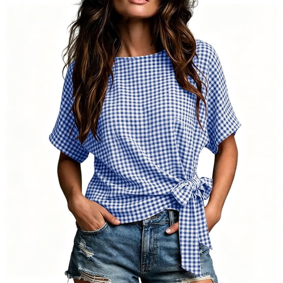 KyCheLot Women's Plaid Tops Summer Pleated Solid Color Round Neck Short Sleeve Tops Fashion Knot Waist Blouses