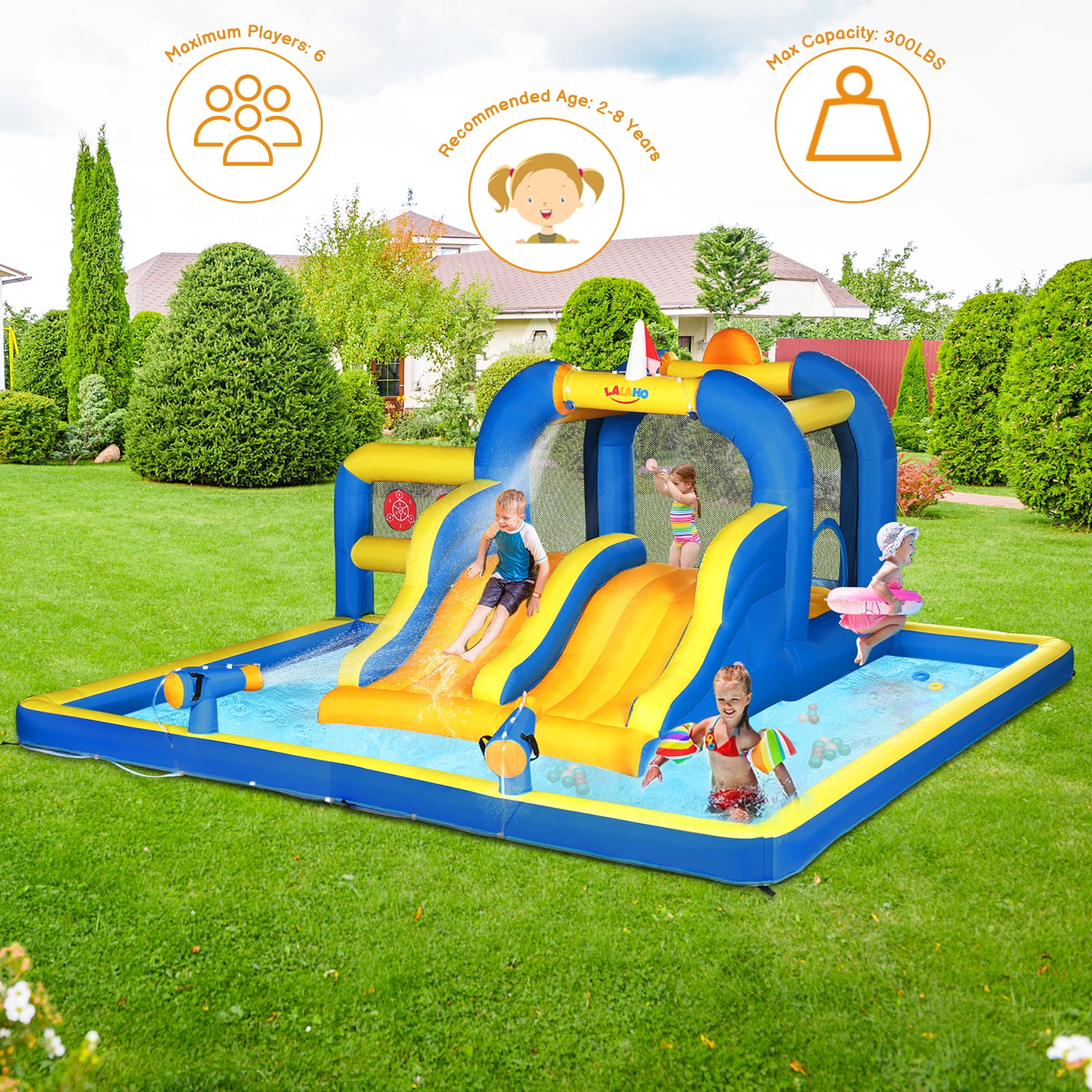 GoDecor Bounce House Water Slide, 7-in-1 Inflatable Obstacle Course Water Park with Splash Pool, Sprinkler, Blow up Jump House Waterslides for Kids Backyard Bouncy Castle with Blower