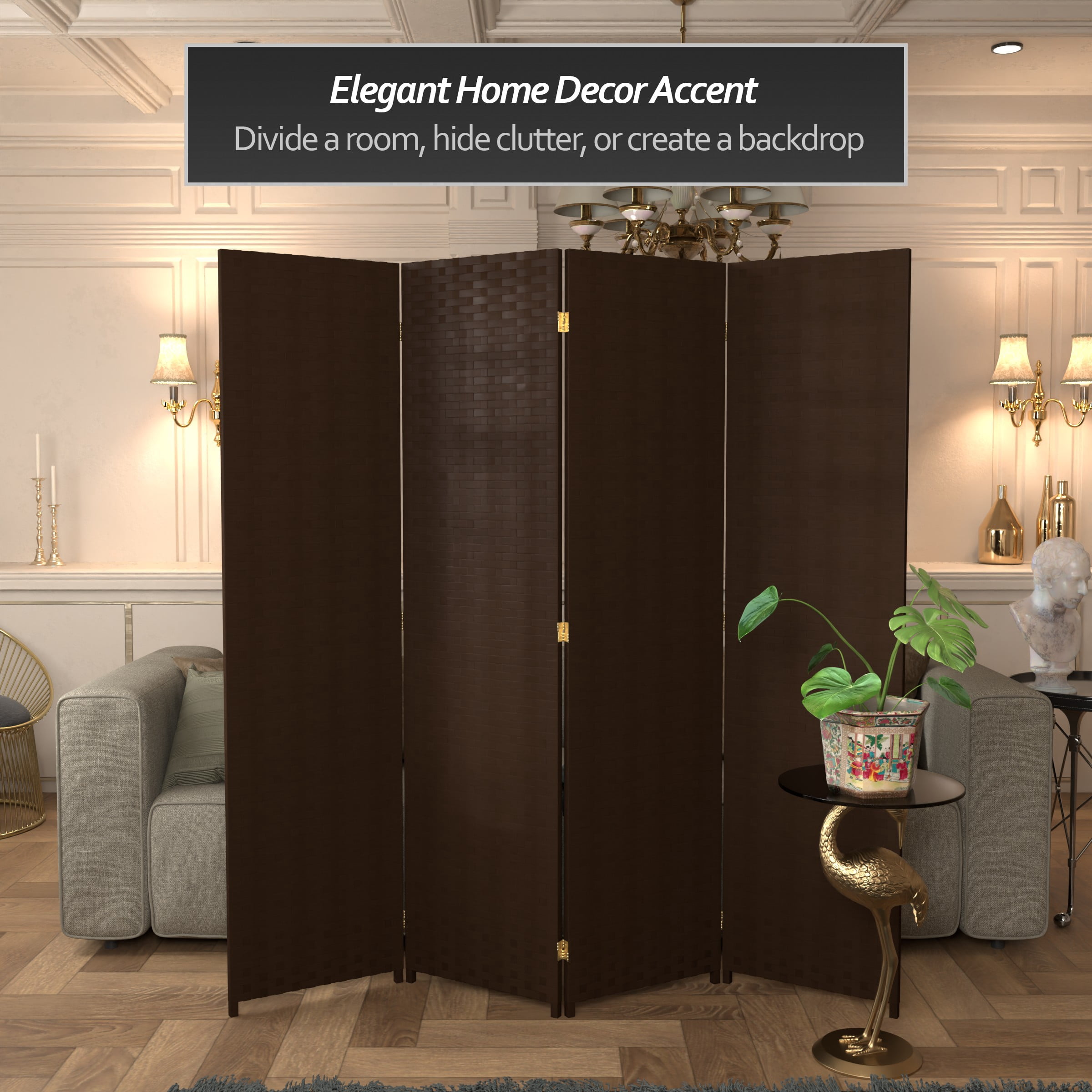 Red Lantern 6 ft. Tall Woven Fiber Folding Screen - Dark Mocha - 4 Panel