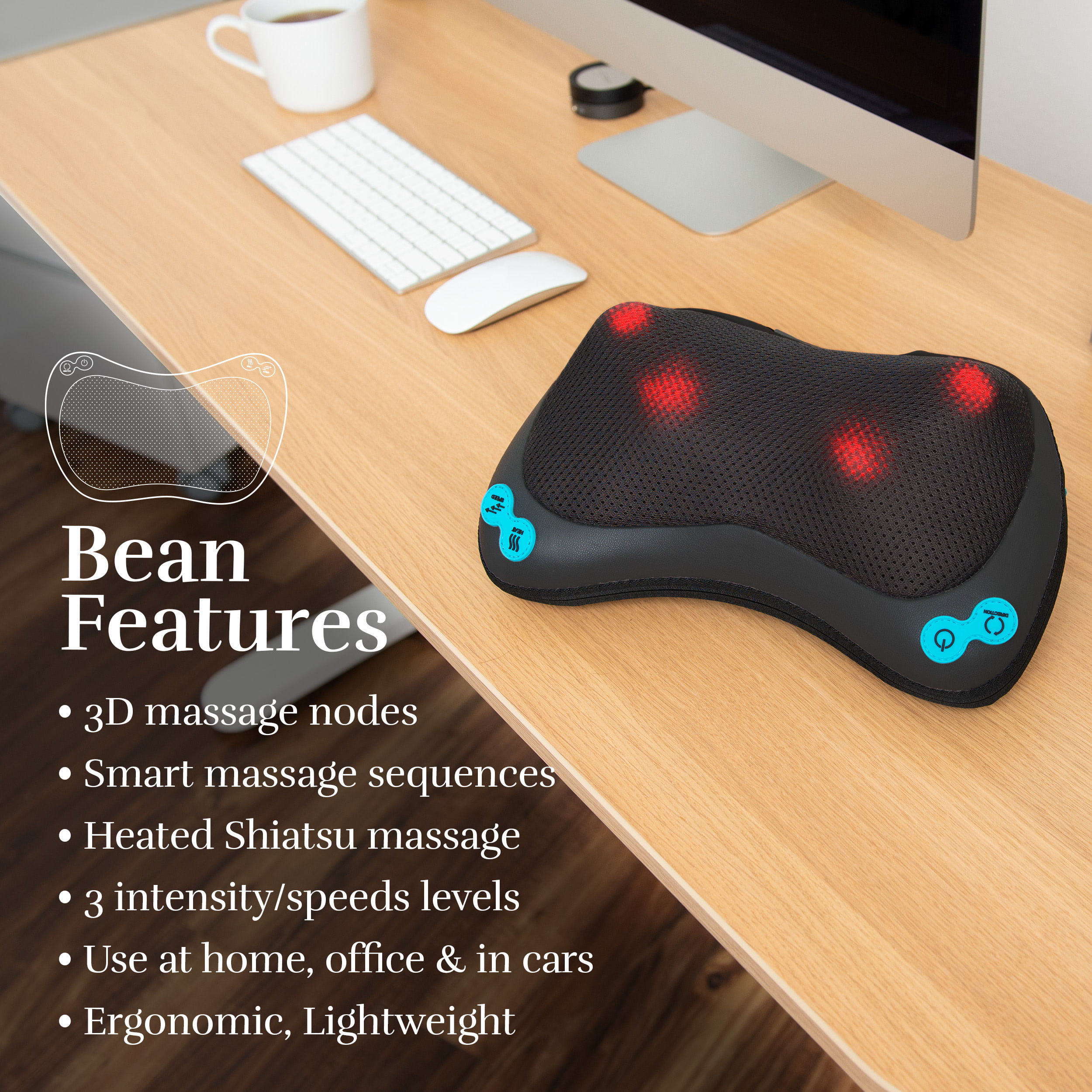 Shiatsu Massage Pillow by Njoie. Heated Shiatsu Massage with 3D Rotation Kneading Nodes, Removable Dust Cover, & Car Adapter. Full-Body Deep Tissue
