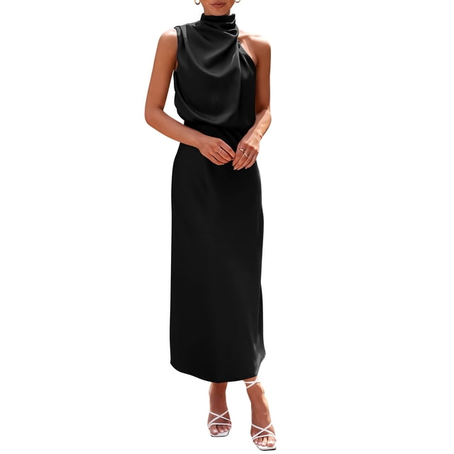 Vestido PRETTYGARDEN 2025 sin mangas de satén con cuello simulado negro M