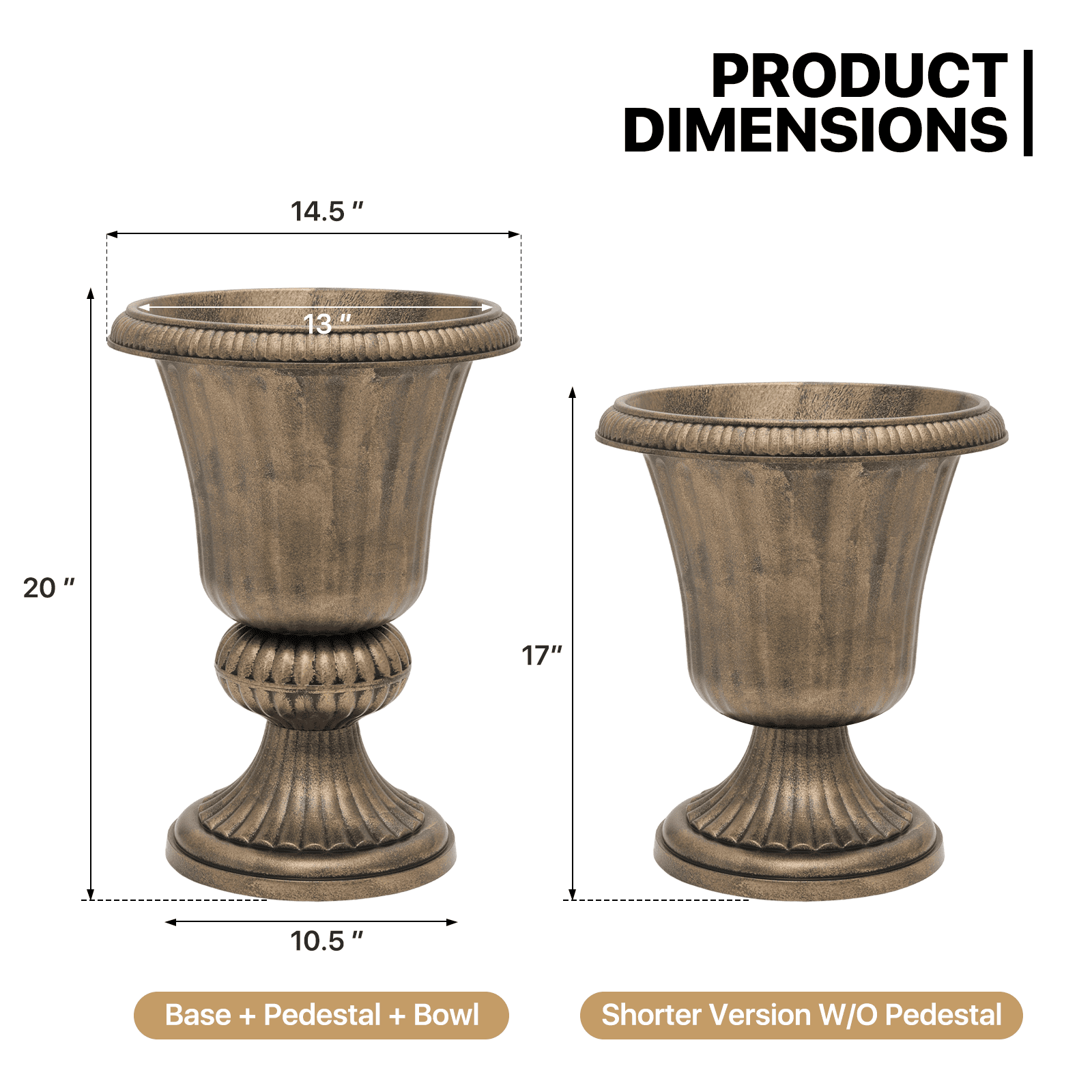 MoNiBloom 20" Plastic Urn Planter Vase for Outdoor Indoor Plants Garden Patio Vintage Decorative Pedestal Roman Flower Pot Decoration Retro Home Front Porch Door Decor (Antique Brass)