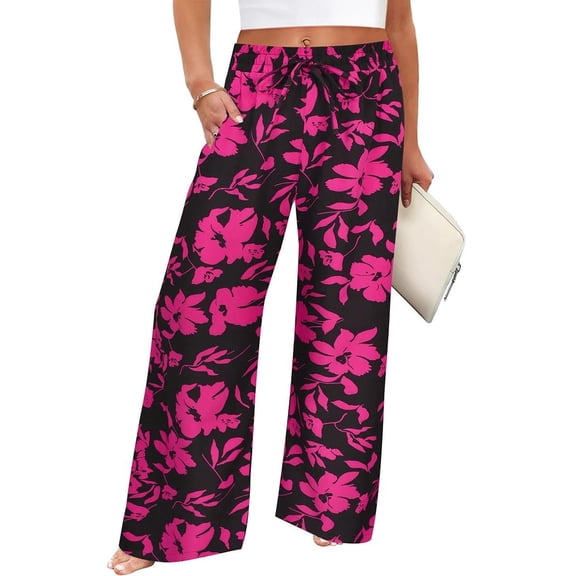 TIYOMI Plus Size Wide Leg Floral Pants for Women Hawaiian Purple Flower Lounge Pants High Waisted Dress Pants Drawstring Casual Summer Pants With Pockets XL 14W 16W