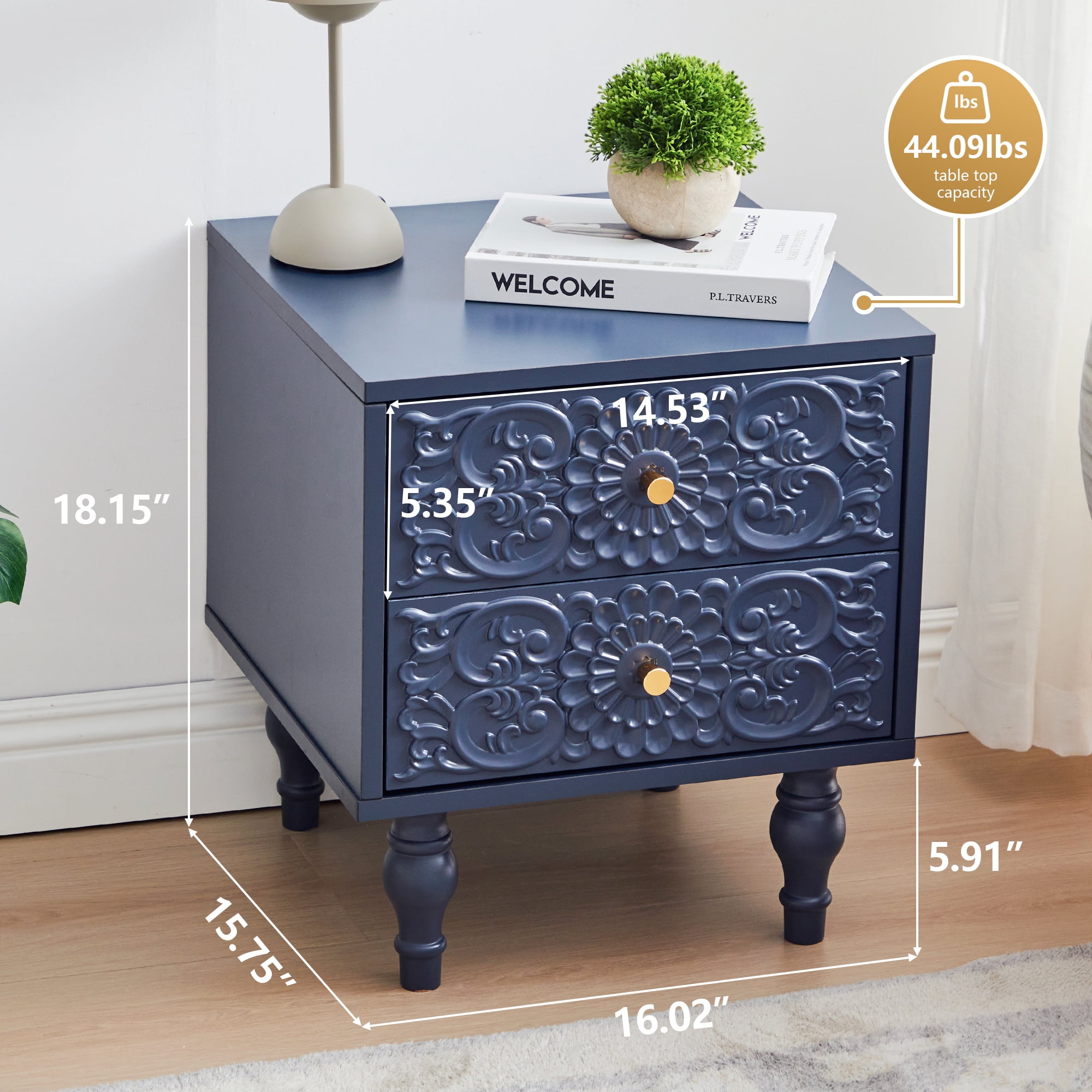 Wirrytor Vintage Short Nightstand with 2 Drawers, Bedside Table 2 Drawer Dresser with Embossed Pattern, Storage End Table with Wooden Legs for Bedroom & Living Room,Blue