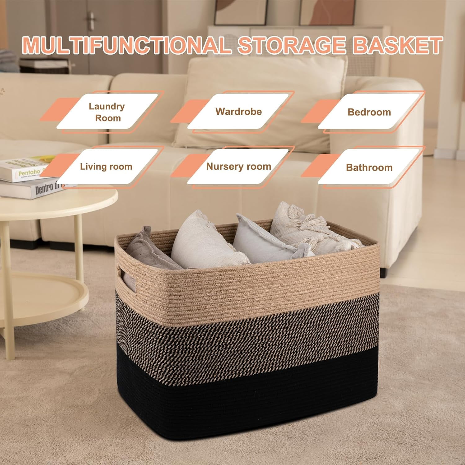 108L Super Large Blanket Basket, 25”x16”x16” Rectangle Woven Baskets for Storage, Cotton Rope Basket For Living Room, Toy Storage with Handle- Yellow and Black