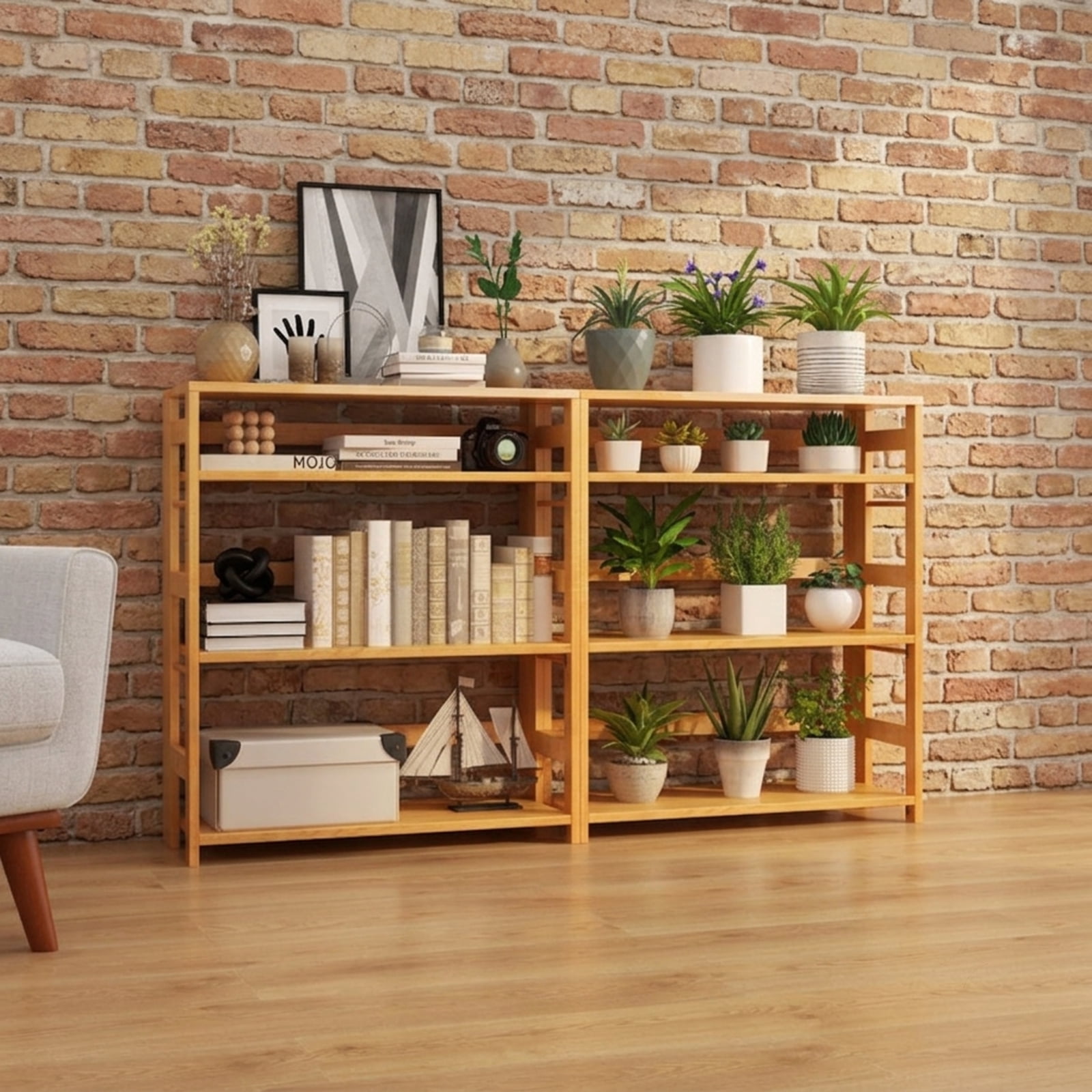 Furnibear 4-Tier Bookshelf Rubber Wood Bookcase with Side Fences for Living Room-29.5 inches for Living Room Home Office Bedroom Display, Natural