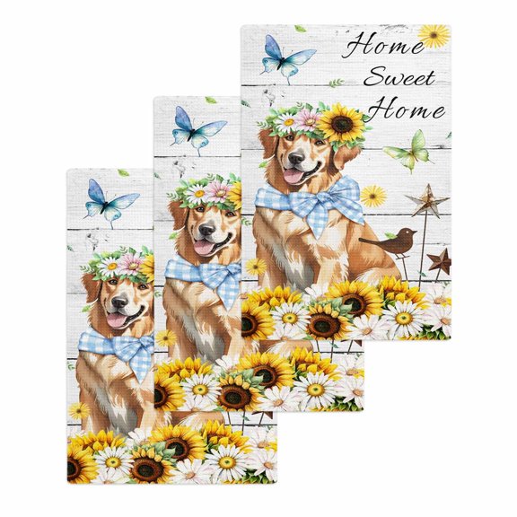 Sunflowers Dog Kitchen Dish Towels for Drying Dishes Set of 3, Spring Watercolor Floral Stars Wood Grain Waffle Weave Microfiber Hand Tea Bathroom Towels Quick Dry & Absorbent Towel 15.7x23.6